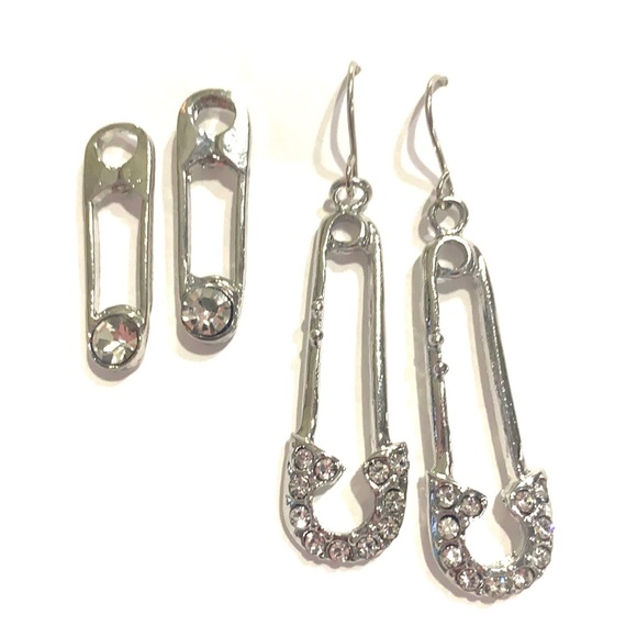 Safety Pin Earrings 2 Pairs Silver Tone Clear Rhinestones - Picture 2 of 6